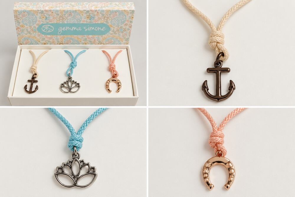 Gemma Simone Summer Vibes Rope Necklace & Bracelet Charm Set Anchor Lotus NIB
